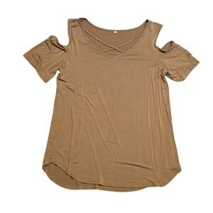 Dark Tan Brown Cold Shoulder Top Med Perfect for Layering Closet Basic Essential